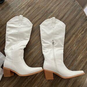 White Croc-Embossed Knee-High Boots cowboy boots